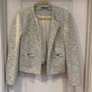 J. McLaughlin Light Sage and Ivory Tweed Fringed Open-Front Blazer